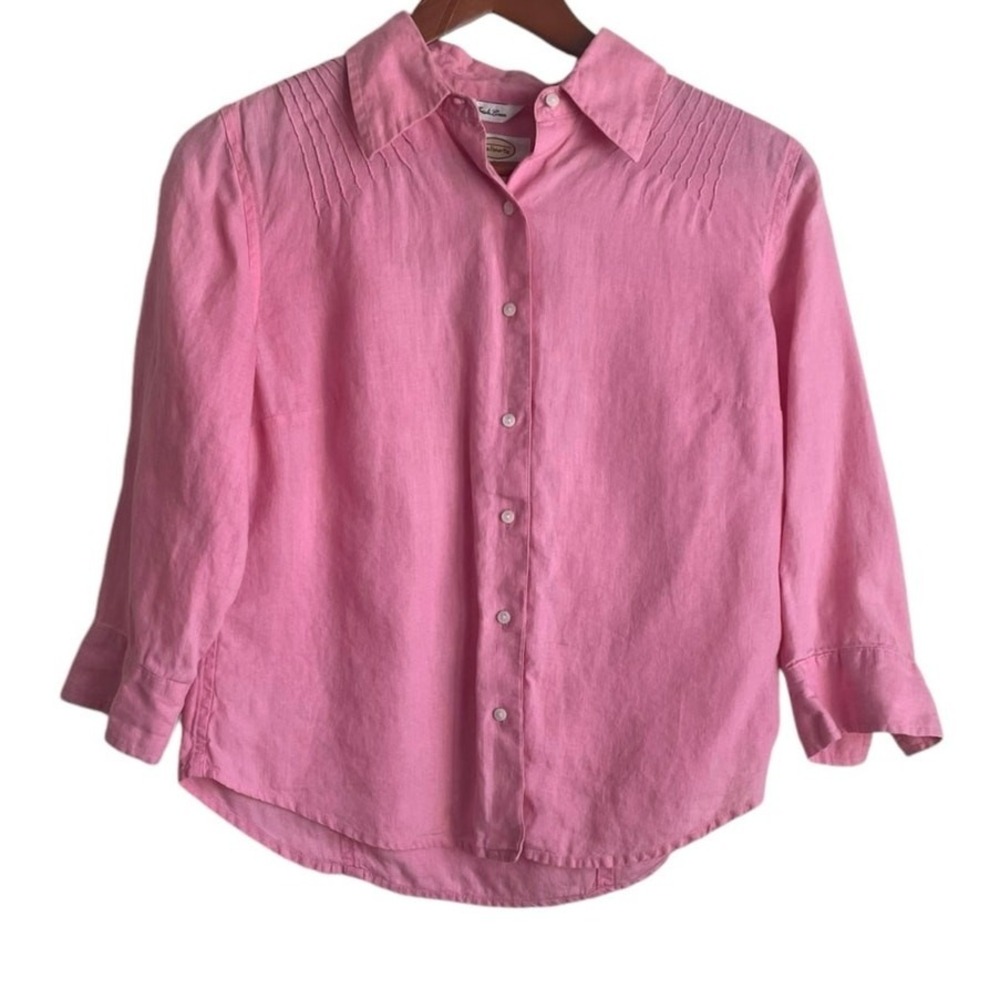 Talbots Womens Irish Linen Shirt Petite S Pink Button‎ Front Preppy Classic Top